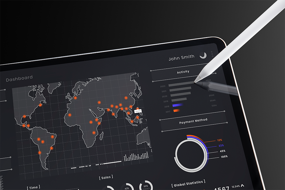 Dashboard with different visuals showing on an ipad with a pencil